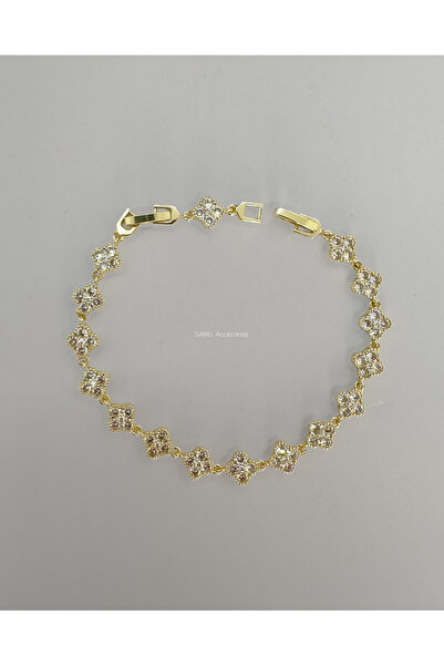 Samu Accessories Taşlı Yonca Figürlü Su Yolu Bileklik - Golden Clover Tennis