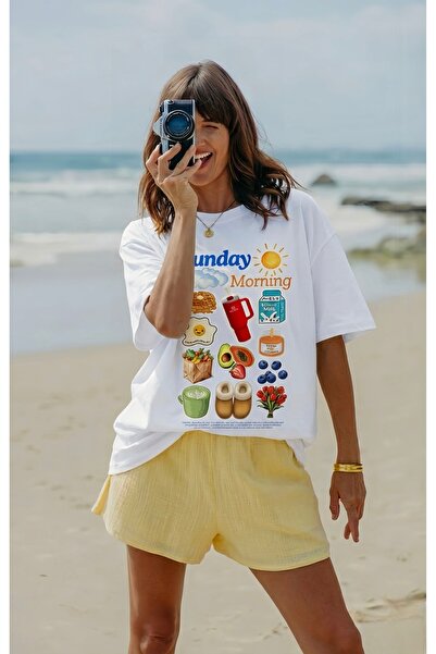 ALOCCO Sunday Morning %100 Pamuk Kadın Comfort Kalıp Beyaz Baskılı Yüksek Kalite Tişört