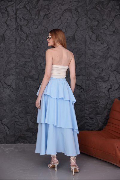 Dagü Design Women's Modest Wear Layered Flounce Ruffled Blue Poplin Long Skirt