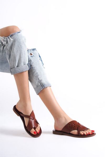 BODRUMLU SİNCE 1941 %100 Hakiki Deri El Yapımı Düz Kadın Terlik Kuşgözü