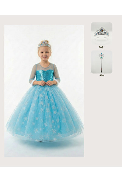 BUTİKHAPPYKİDS Frozen Elsa Kostümü Uzun Kollu Kız Çocuk Prenses Elbisesi Taç+Asa Hediyeli