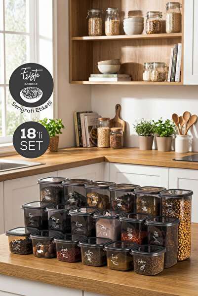 Vienev Beyaz Serigrafi Baskılı 18li Peggy Kare Saklama Kabı Takımı 6x(0,55 - 1,2 - 1,75 Litre) Antrasit
