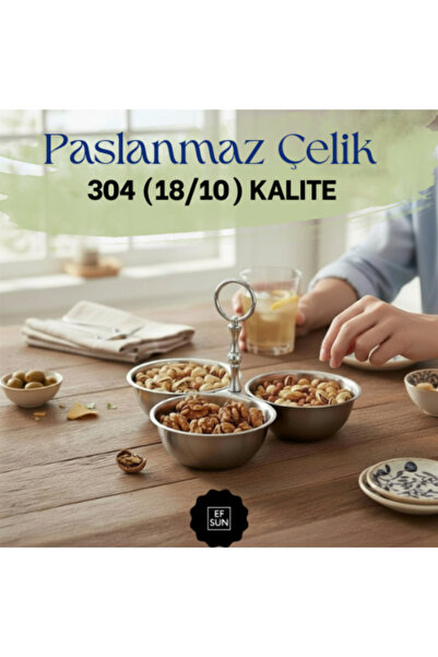 Efsun Şık Sunum Gümüş Saplı Parlak 3'lü Paslanmaz Çelik Çerezlik Sosluk Kahva...
