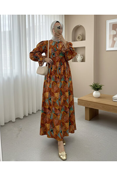 Modamorfo Φόρεμα με μοτίβο με μισό κουμπί μέσης - Πορτοκαλί