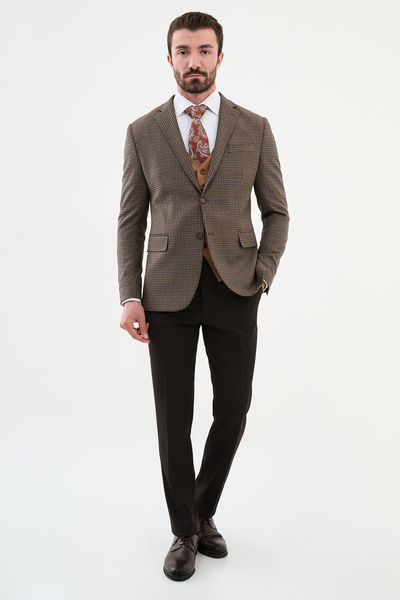 Mcr Kareli Slim Fit Mono Yaka Kombinli Erkek Takım Elbise Kahve - 45357.24K