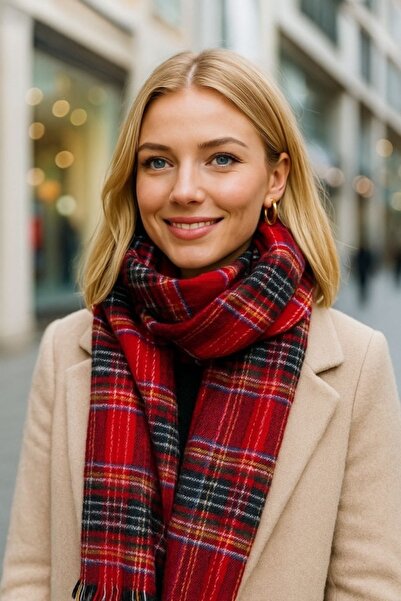 Kokoş Plaid Patterned Red Tasseled Puff Thick Shawl Scarf