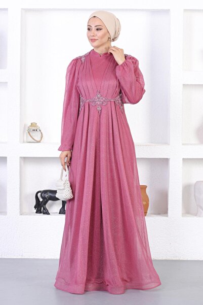 Missvalle Βραδινό φόρεμα με πέρλες και γκλίτερ Dusty Rose 12252