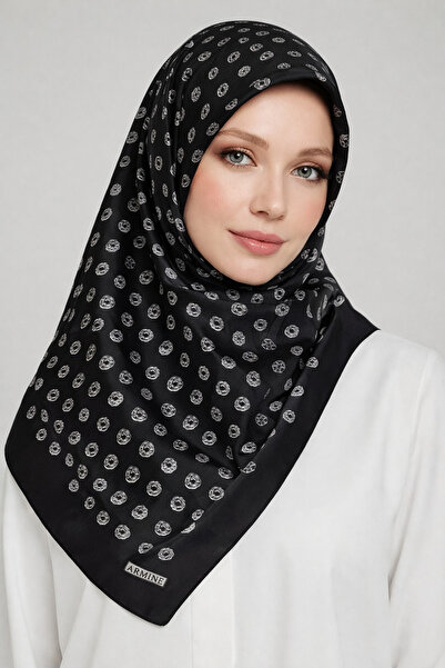Armine Nostalji Serisi Twill İpek Eşarp 7926D-64 Geometrik Desen 64-Siyah