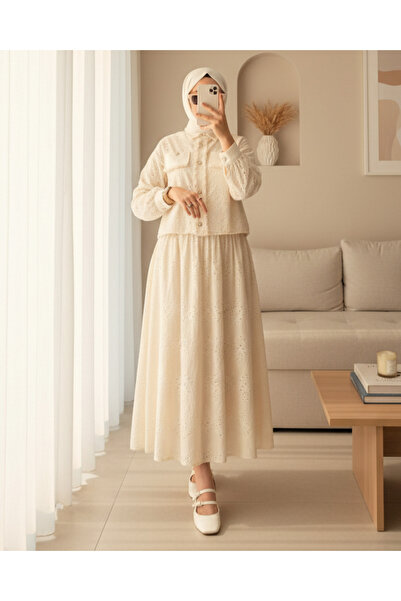 Modamorfo Set fustă cu nasturi perle cu ciucuri - Bej