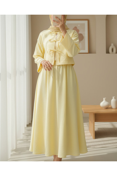 Modamorfo Önü Bağcıklı Beli Lastikli Etekli Keten Takım -Sarı