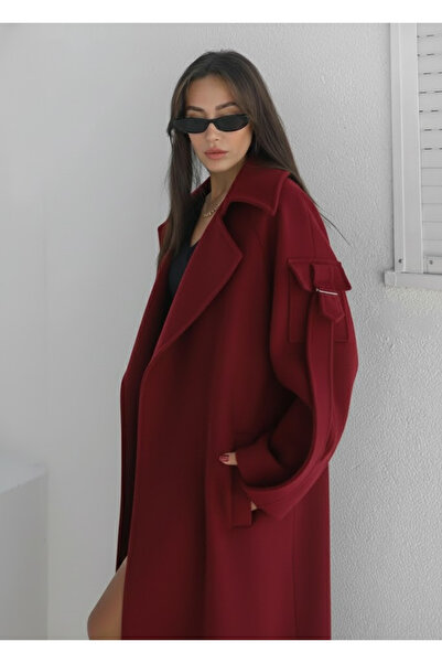 My Blog Koyu Kırmızı Hilda Kolları Cep Detaylı Kaşe Kaban-50001