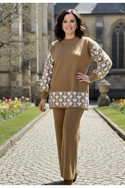 YusGos Women's Clover Patterned Top and Bottom Pants Sweater Knitwear Set