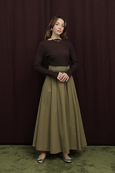 Loreen Women's Bridge Detailed Belted Skirt - 20710Etk - Khaki