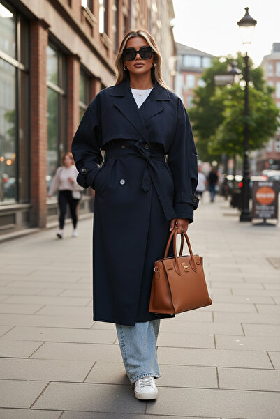Lela Cotton Oversize Double Breasted Collar Buttoned Long Trench Coat Trench Coat 6839605