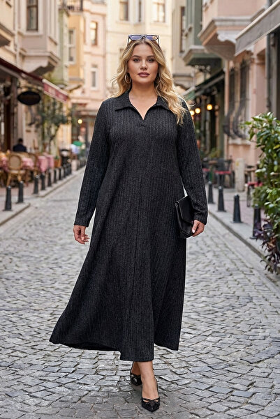 Stil Diva Büyük Beden V Yaka Uzun Kollu Fitilli Eteği Bollaşan Uzun Elbise 322181