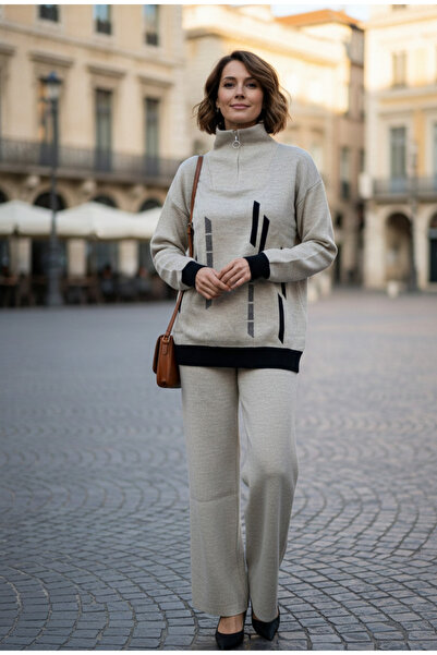 YusGos Women's Vertical Stripe Patterned Zippered Collar Bottom Top Pants Sweater Knitwear Set