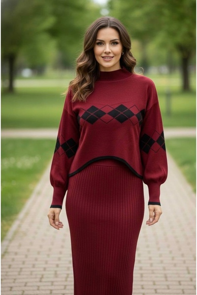 YusGos Kadın Baklava Desenli Kazaklı Triko Elbise