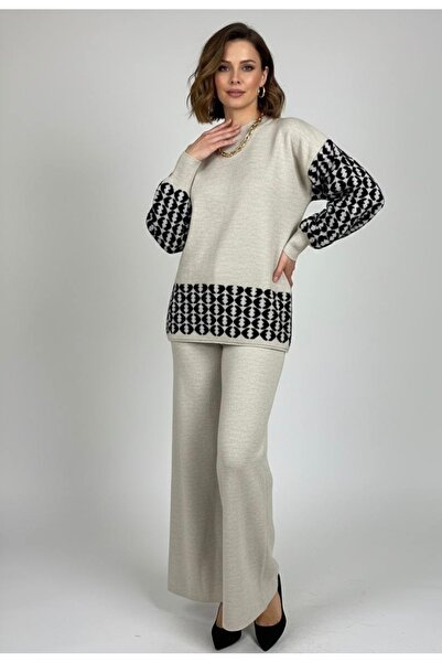 YusGos طقم تريكو نسائي مكون من بنطلون علوي وسفلي بنمط هندسي