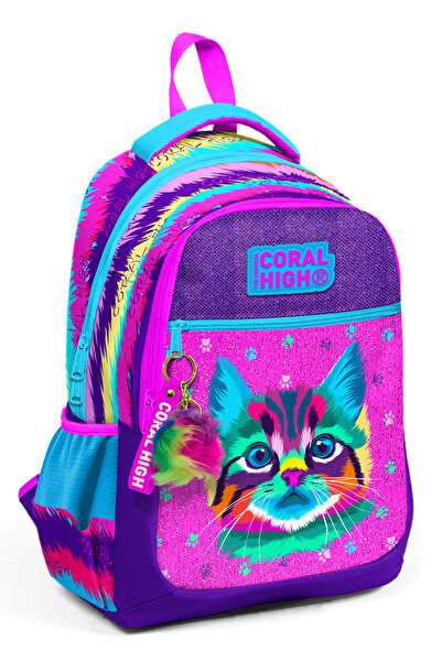 Coral High حقيبة ظهر مدرسية للأطفال بنمط قطة باللون الأرجواني والوردي مكونة م...