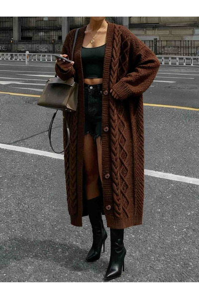 Knitoryx كارديجان نسائي طويل محبوك - أخضر / رمادي - OVE قصة فضفاضة MODEL