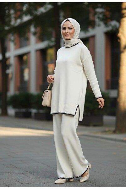 YusGos Women's Shepherd Stitch Comfortable Cut Half Turtleneck Oversized Hijab Knitwear Set