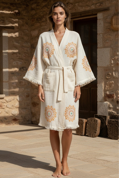 VAROL Halat de baie organic bumbac 100% cu guler kimono - Lemura