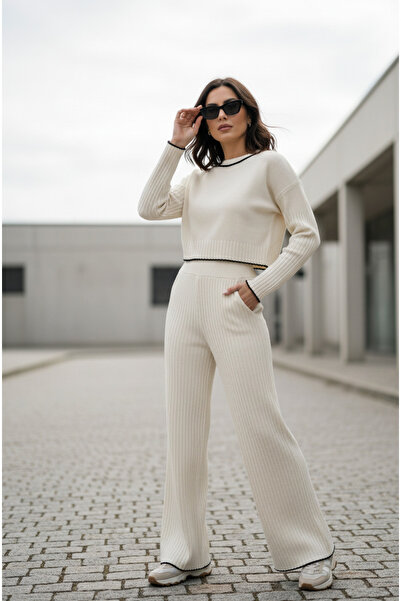 YusGos Women's Crew Neck Shepherd Stitch Knit Crop Sweater Pants Knitwear Top and Bottom Set Cream-Xs