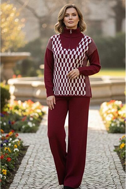 YusGos Women's Geometric Pattern Zipper Collar Bottom Top Pants Sweater Knitwear Set