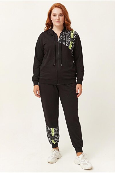 Ebsumu طقم بدلة رياضية سوداء كبيرة الحجم للسيدات مع تفاصيل شريط نيون وحروف