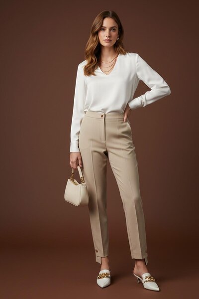 Puane Дамски панталони с копчета - 18277PNT - БЕЖОВ