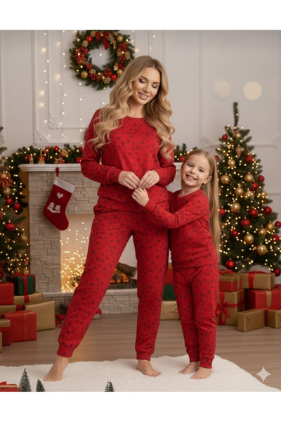 ELİTOL Mother and Daughter Pajamas Set Thermal Fabric Candy Cane Christmas Red Color Special Boxed Shipped
