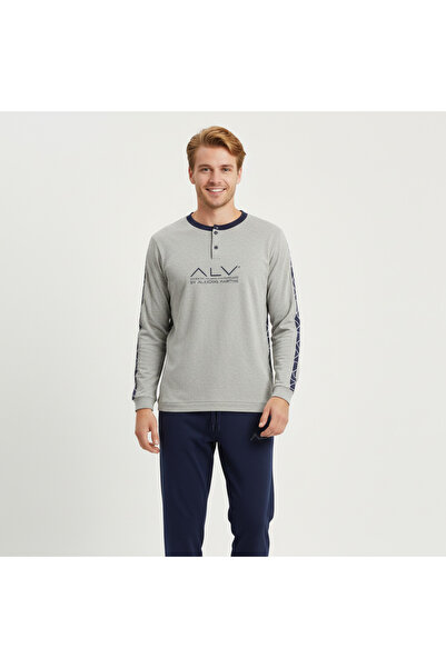 BONBON طقم بيجامة رجالي من القطن باللون الرمادي المخلوط - اللون الأزرق الداكن...