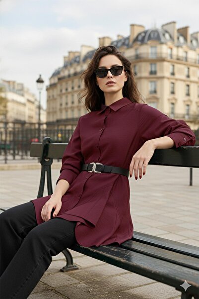 Loreen Kadın Dikiş Detaylı Kemerli Gömlek - 20708GML - BURGUNDY