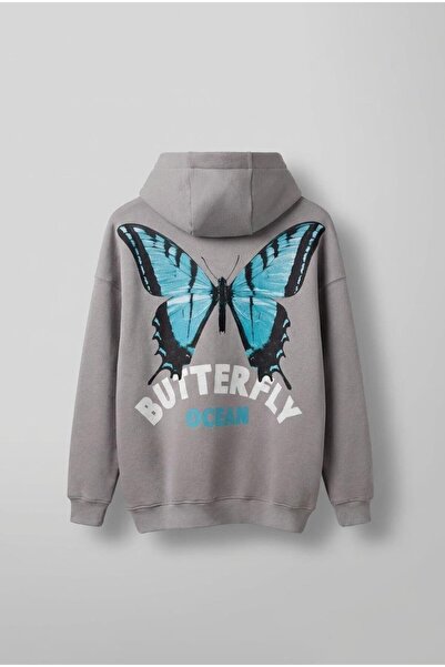 ablukaonline Hanorac pentru bărbați supradimensionat Butterfly cu imprimeu cu glugă gri