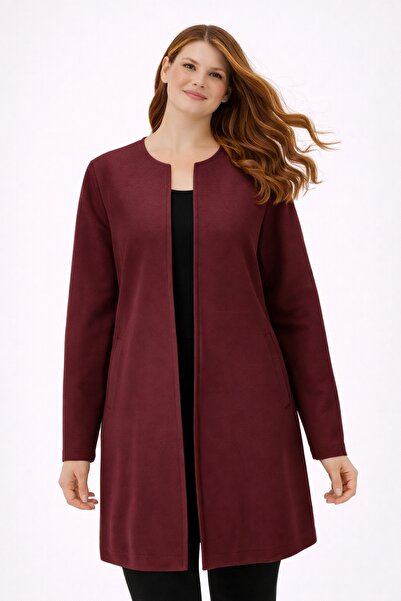 Şans سترة نسائية مقاس كبير باللون العنابي، رقبة دائرية، أكمام طويلة، جيوب ويلت، سترة بدون غطاء 65N38998