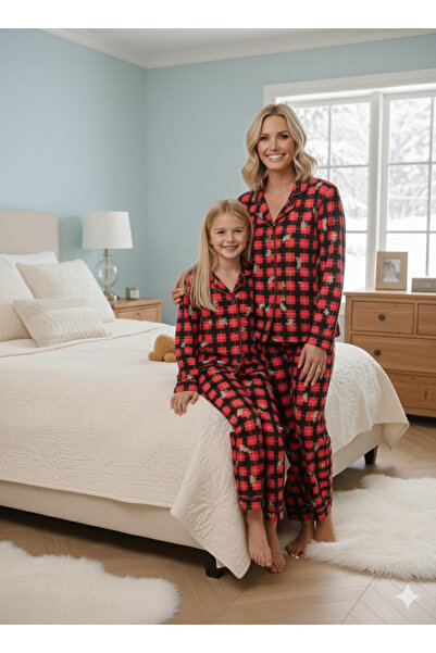 ELİTOL Red Teddy Bear Patterned Suede Buttoned Mother-Daughter Pajama Set Shipped in Special Box