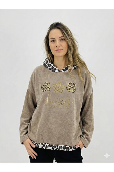 della moor Mink Italian Wide Fit Leopard Pattern K Hooded O Oversized Loose Velvet Blouse 40 - 46 Size