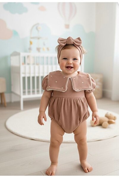 Luna Kids Store Maita Kalp Nakışlı Waffle Romper Gülkurusu