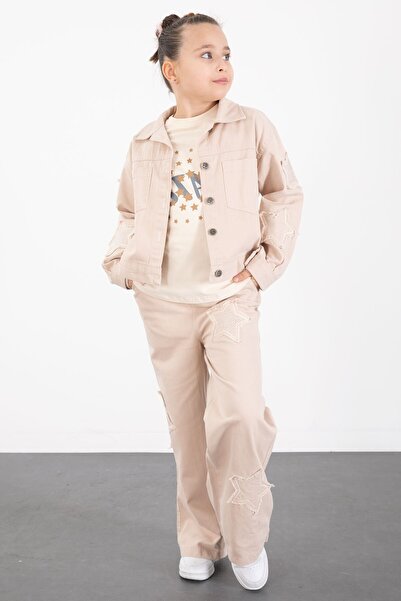 Cansın Mini Krem Kolları Star Taşlı Jean Ceketli Kız Çocuk 3lü Alt Üst Takım ...