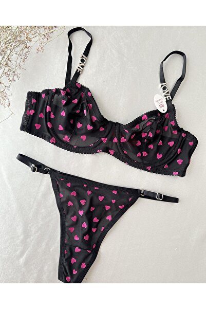 Glorialuxe Siyah -  Fuşya Kalpli Love Sütyen Takım-75B