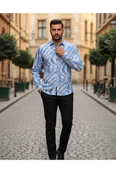 YusGos Long Sleeve Cotton Patterned Regular Stretch Fabric Winter Men's Shirt