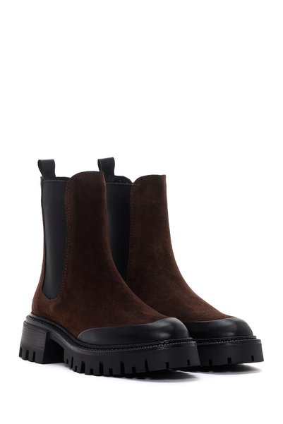 Derimod Women's Brown Thick Soled Suede Leather Chelsea Boots 25Wfd150710