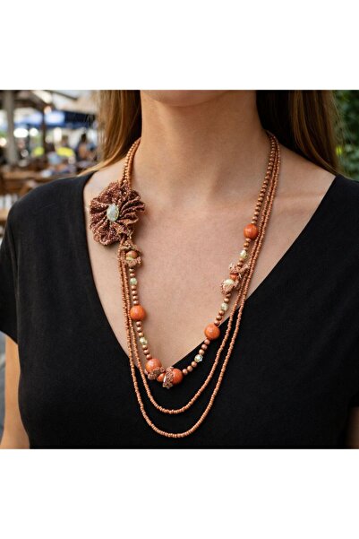 Gönülden Tasarım 3 Piece Women's Necklace with Beaded Brooch 37 cm