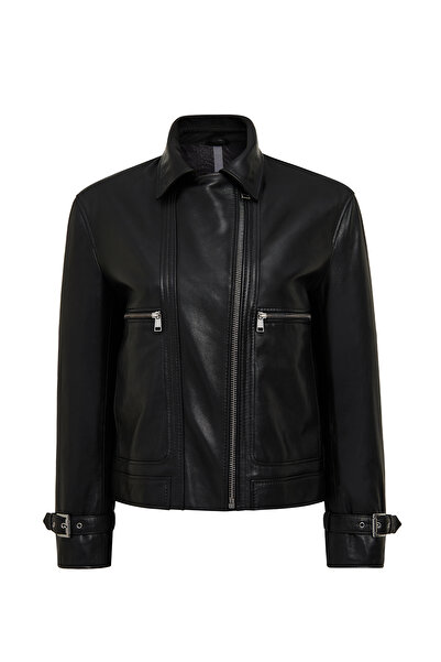 Derimod Paloma Women Black Short Oversized Biker Leather Jacket 25Wgd5608Ve