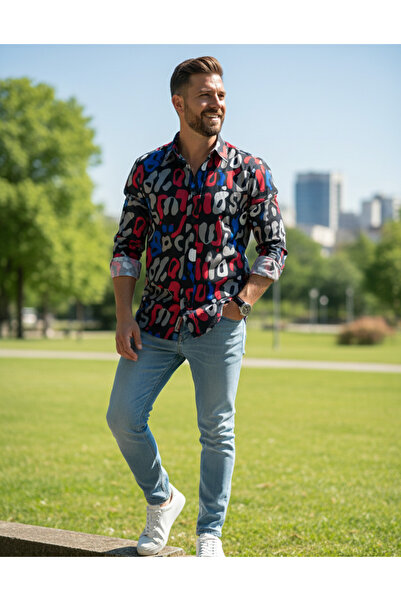 YusGos Long Sleeve Cotton Letter Pattern Regular Fit Men's Shirt