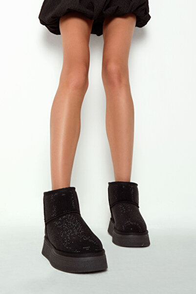 Derimod Women's Black Thick Soled Stone Leather Teddy Boots 25Wfd4922Ts