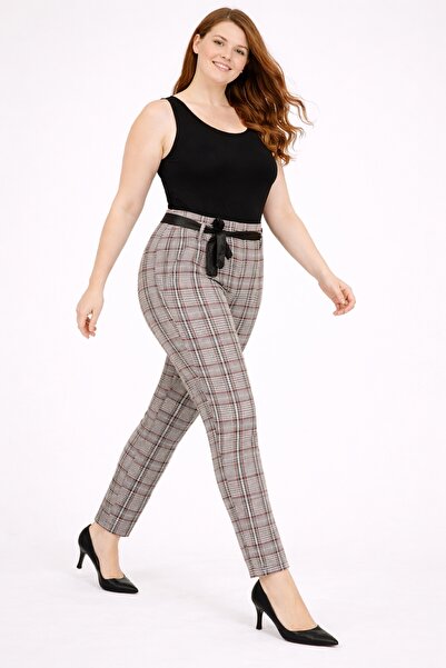 Şans Women's Burgundy Plaid Patterned Hidden Belt Front Zipper Side Pocket Fa...