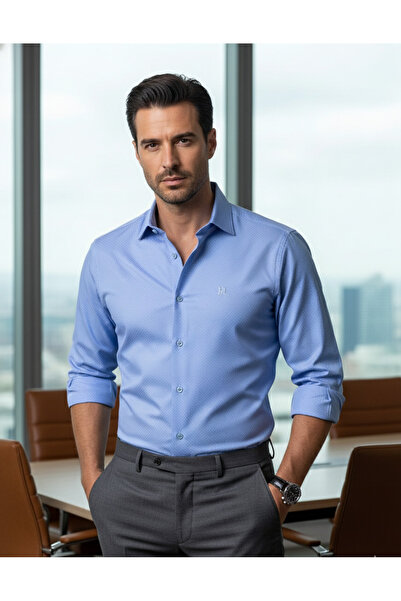 YusGos Long Sleeve Cotton Dot Pattern Regular Fit Men's Shirt