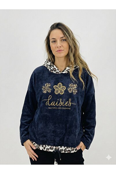 della moor Navy Blue Italian Wide Fit Leopard Pattern K Hooded O Oversized Loose Velvet Blouse 40 - 46 Size