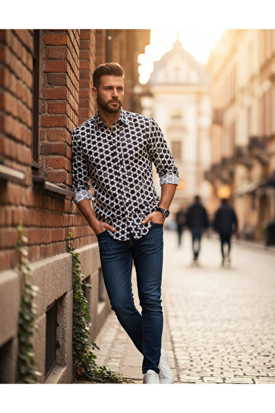 YusGos Long Sleeve Cotton Easy Iron Geometric Pattern Regular Fit Men's Shirt